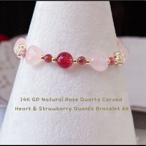 - 14K GP Natural Rose Quartz Carved Heart & Strawberry Quartz Bracelet A4